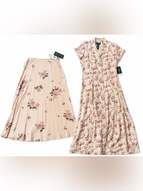 NWT Vintage Lauren Ralph Lauren 100% Silk Floral Dress & Skirt Set Cottagecore